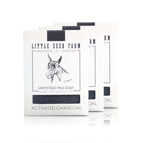 Little Seed Farm charcoal soap bar closeup showing detoxifying cleansing benefits