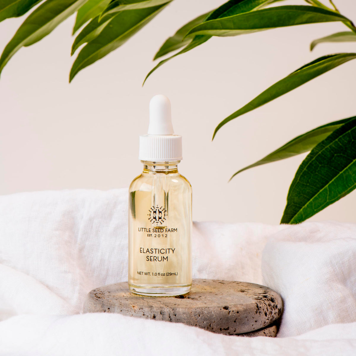 Little Seed Farm Elasticity Serum packaging highlights eco-friendly glass design.