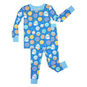 Little Sleepies two-piece pajama set in blue cookies and milk, front view, cozy bedtime essential.