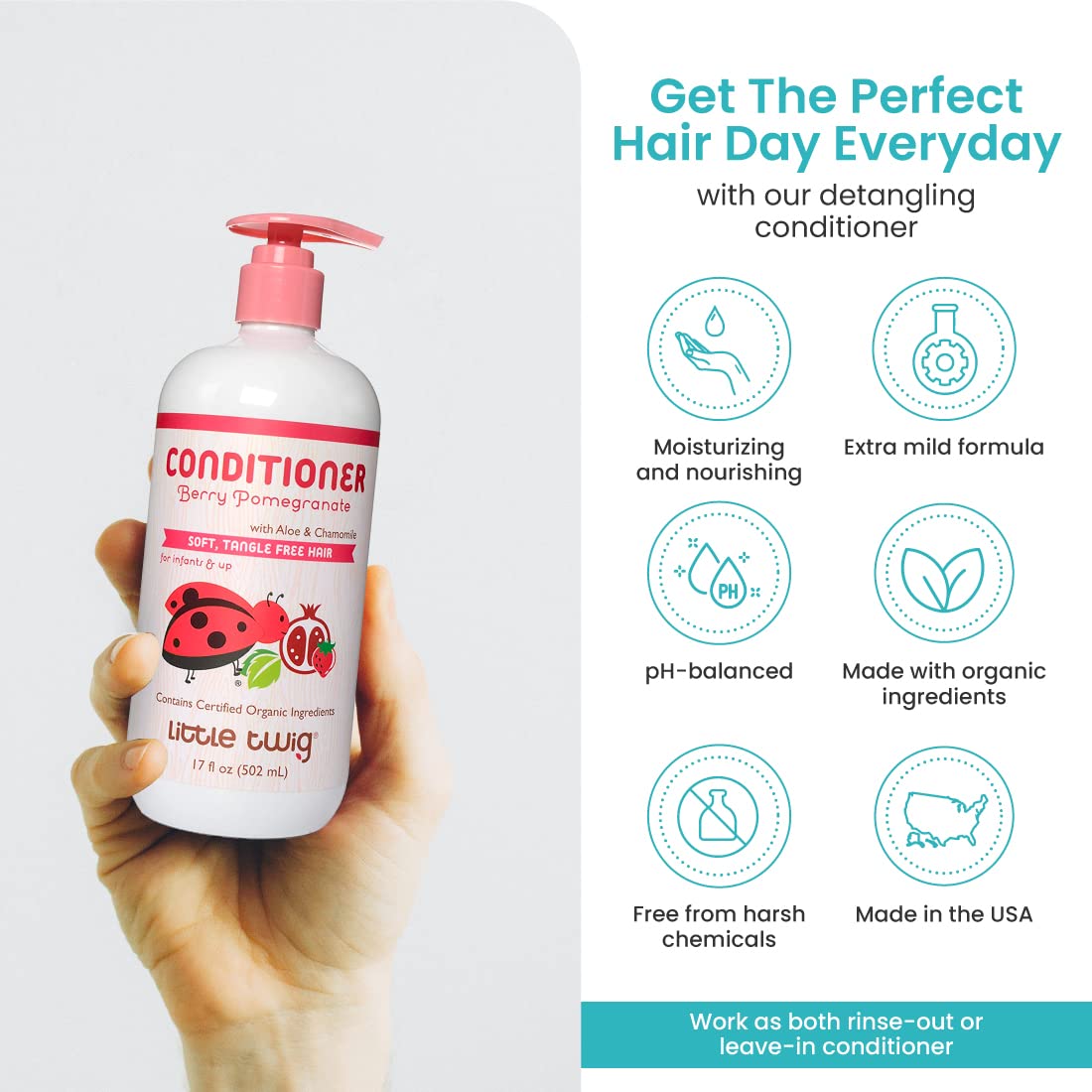 Aloe vera and chamomile ingredients provide gentle nourishment in Little Twig conditioner