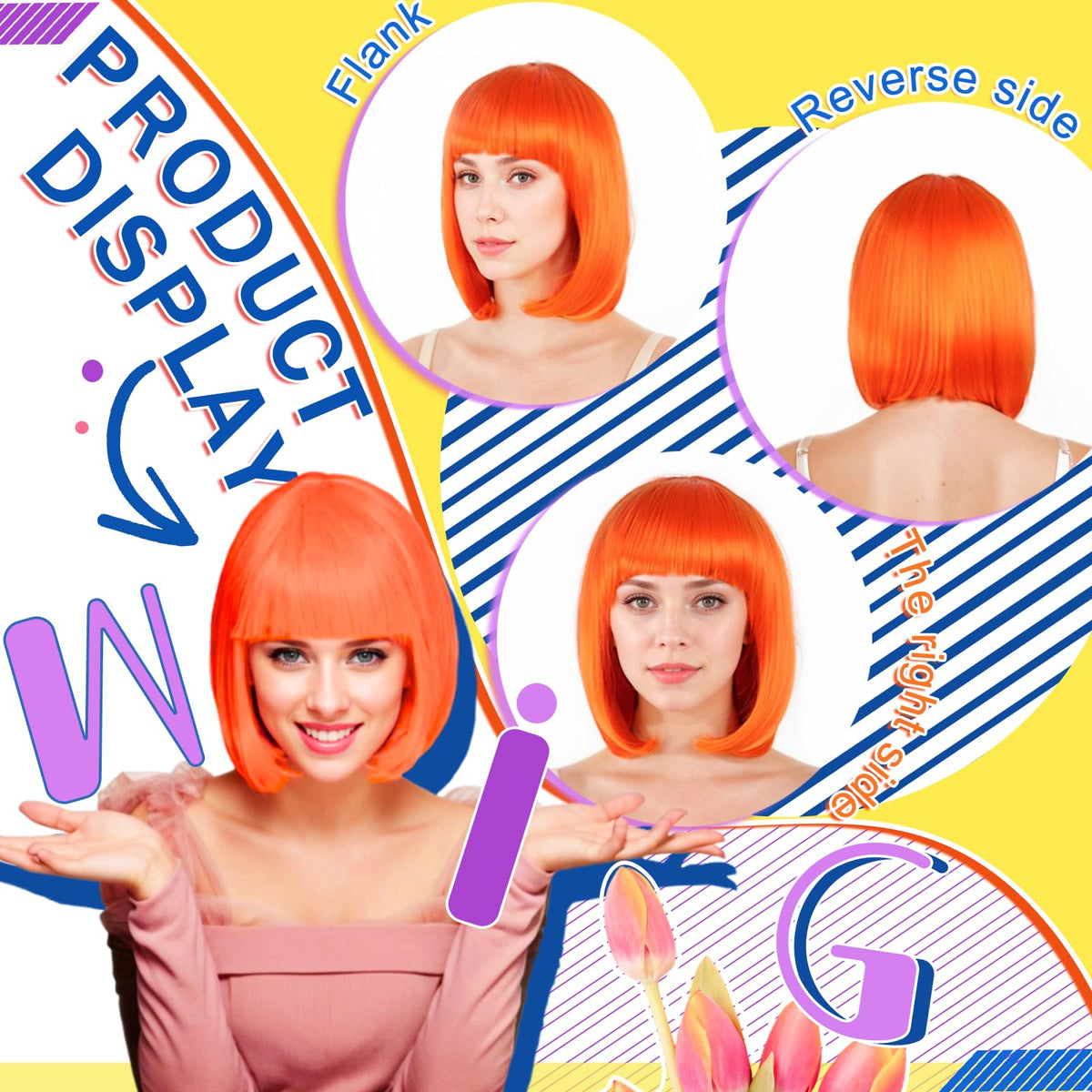 LIULIUBTY neon orange wig closeup shows heat-resistant fiber texture.
