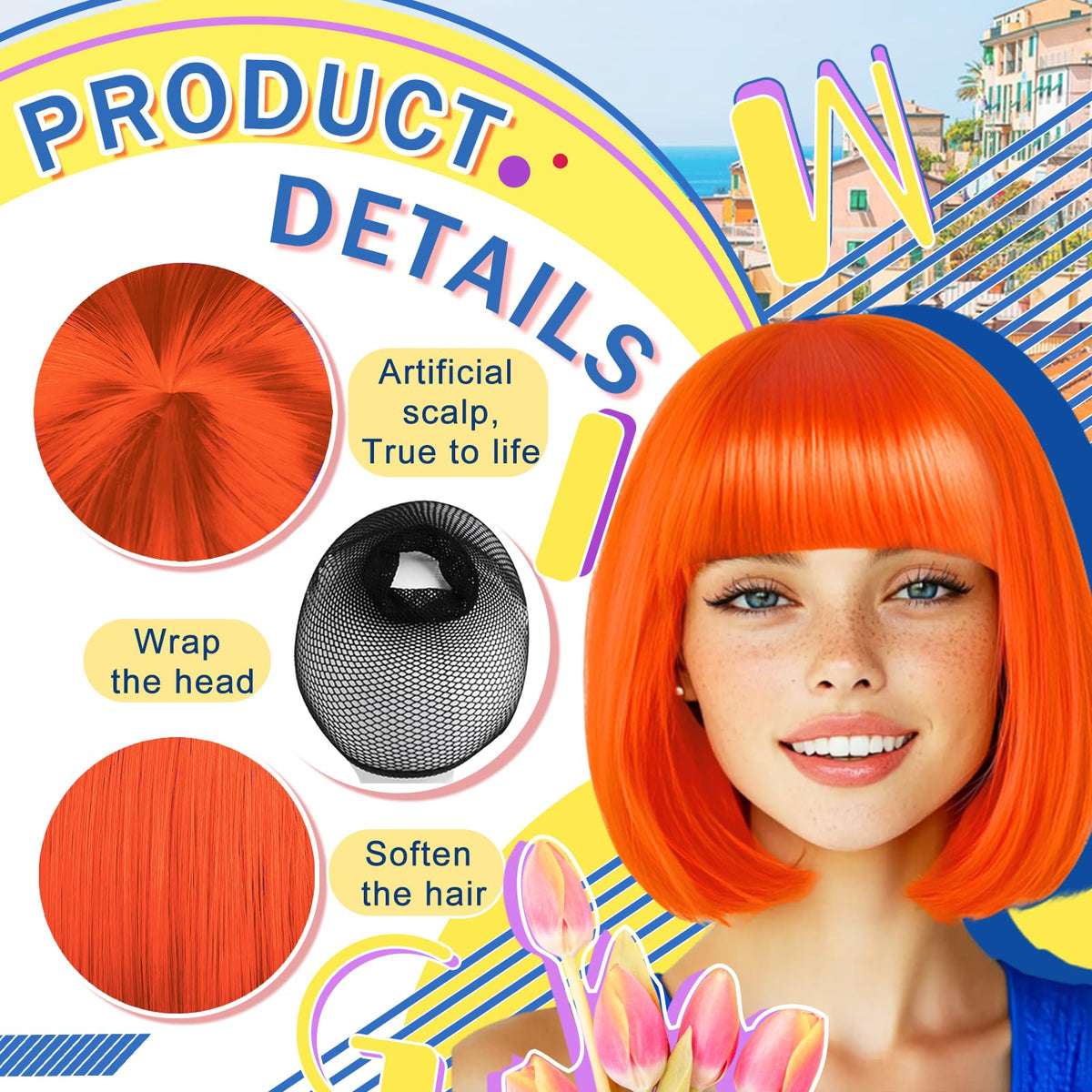 LIULIUBTY neon orange wig back view shows seamless color flow.