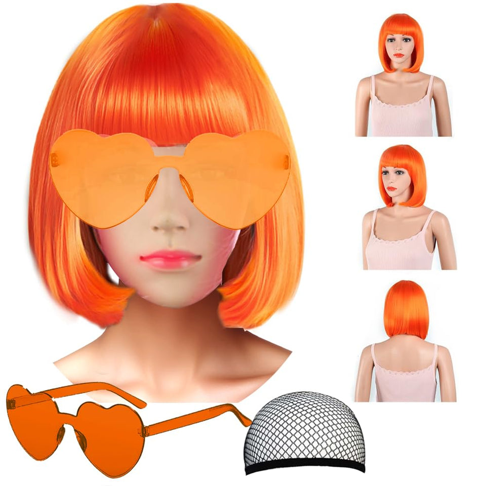 LIULIUBTY neon orange short bob wig front view for bold cosplay looks.