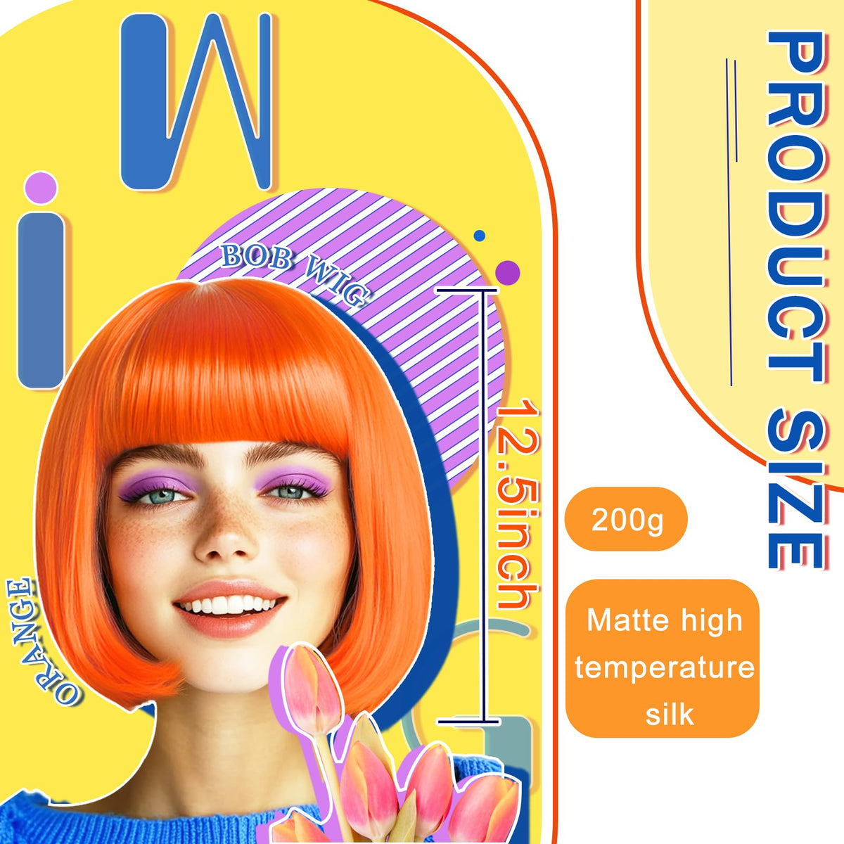 LIULIUBTY neon orange wig side view with flat bangs for balanced silhouette.