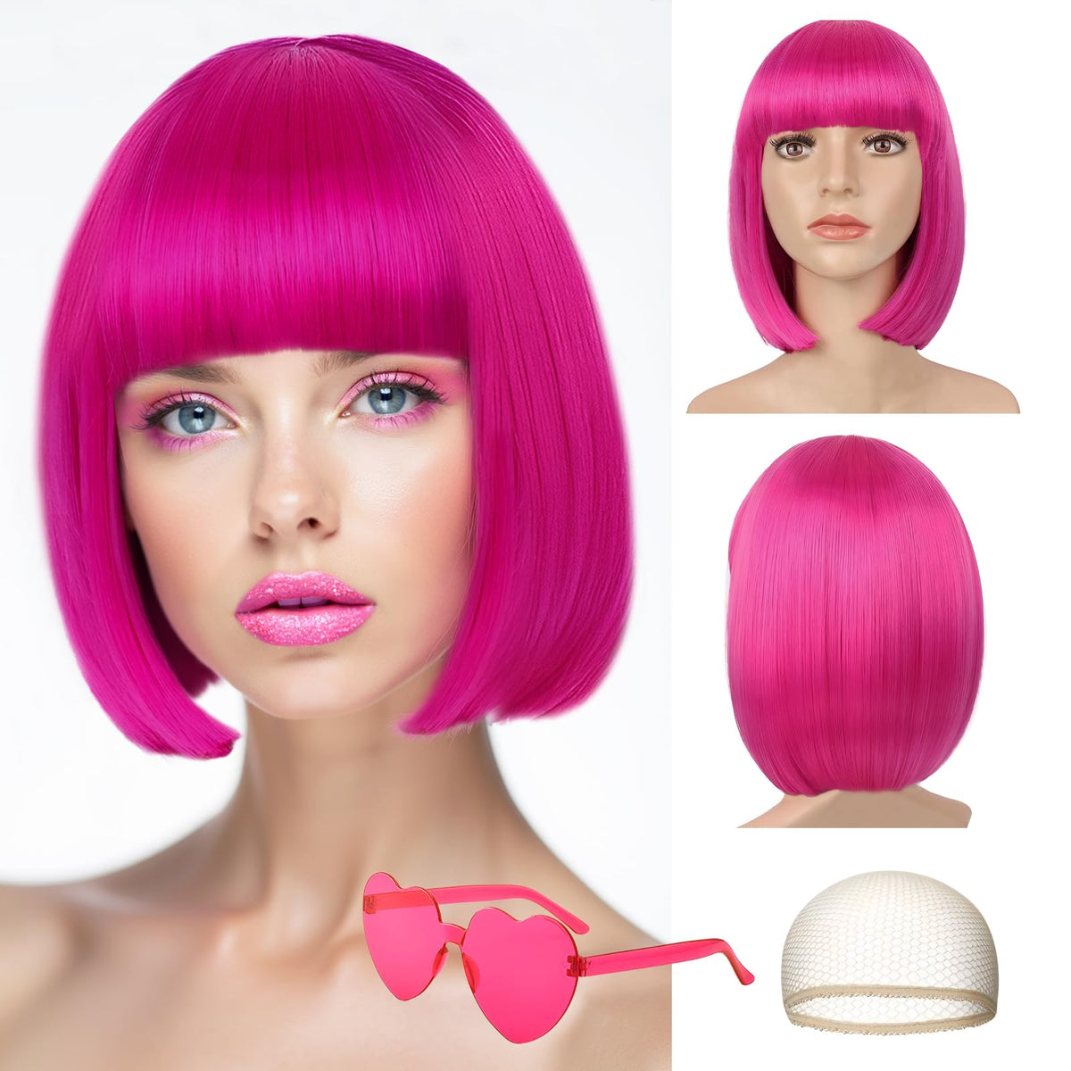 LIULIUBTY short bob wig with flat bangs in hot pink, front view for cosplay and daily wear.