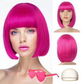 LIULIUBTY short bob wig with flat bangs in hot pink, front view for cosplay and daily wear.