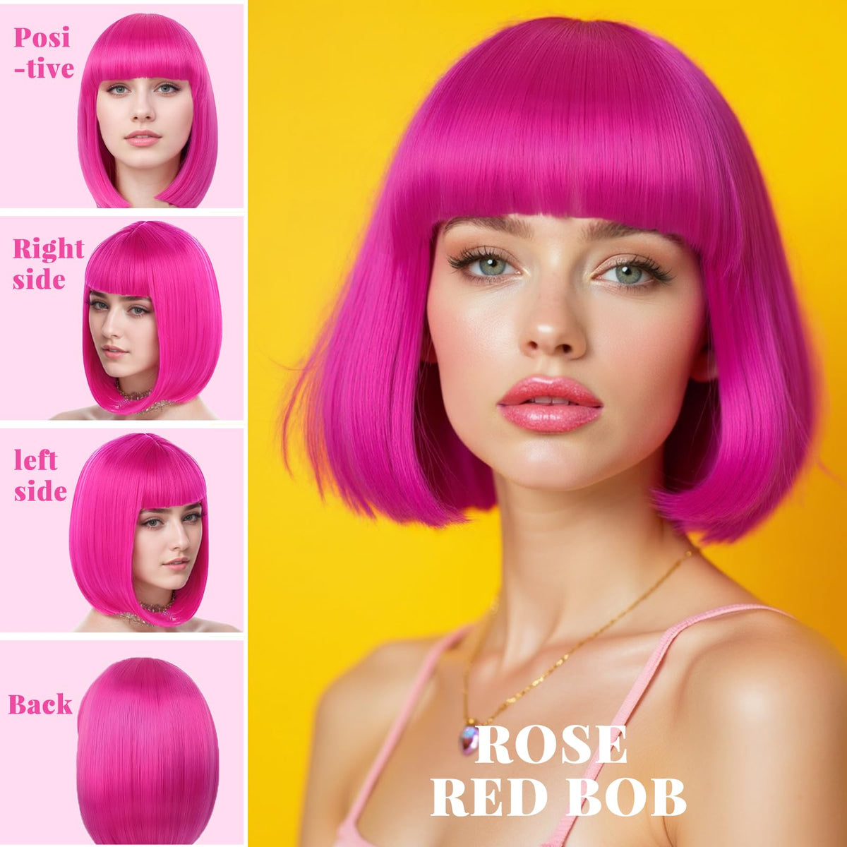 LIULIUBTY wig with flat bangs in neon pink, showing the included wig cap.