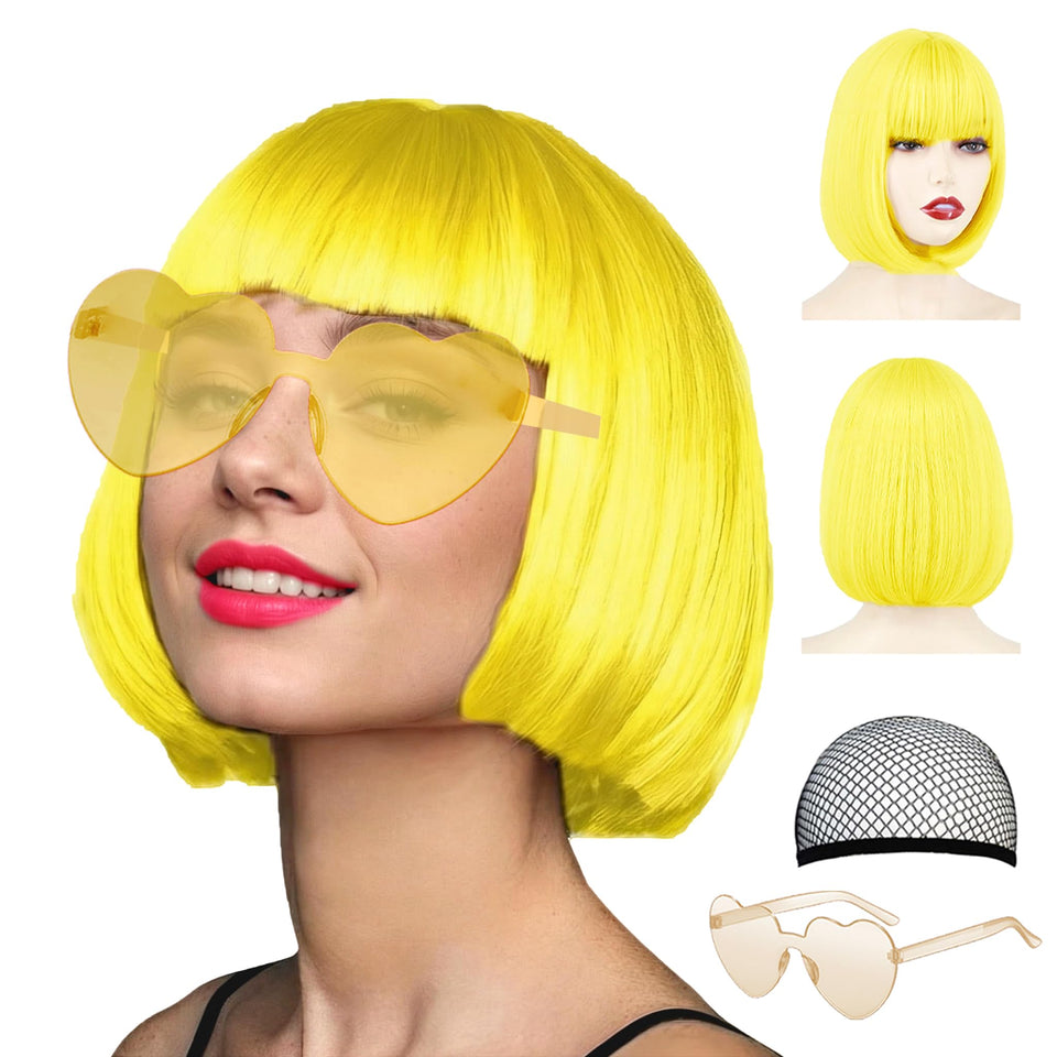 LIULIUBTY short bob wig in neon yellow with flat bangs, ideal for cosplay.