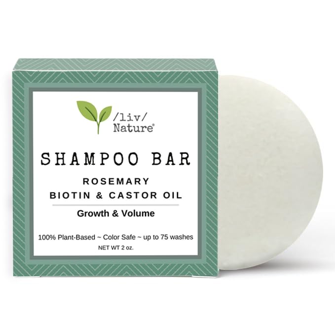 Liv Nature Shampoo Bar close-up highlights rosemary, biotin, and castor oil for nourishing hair.