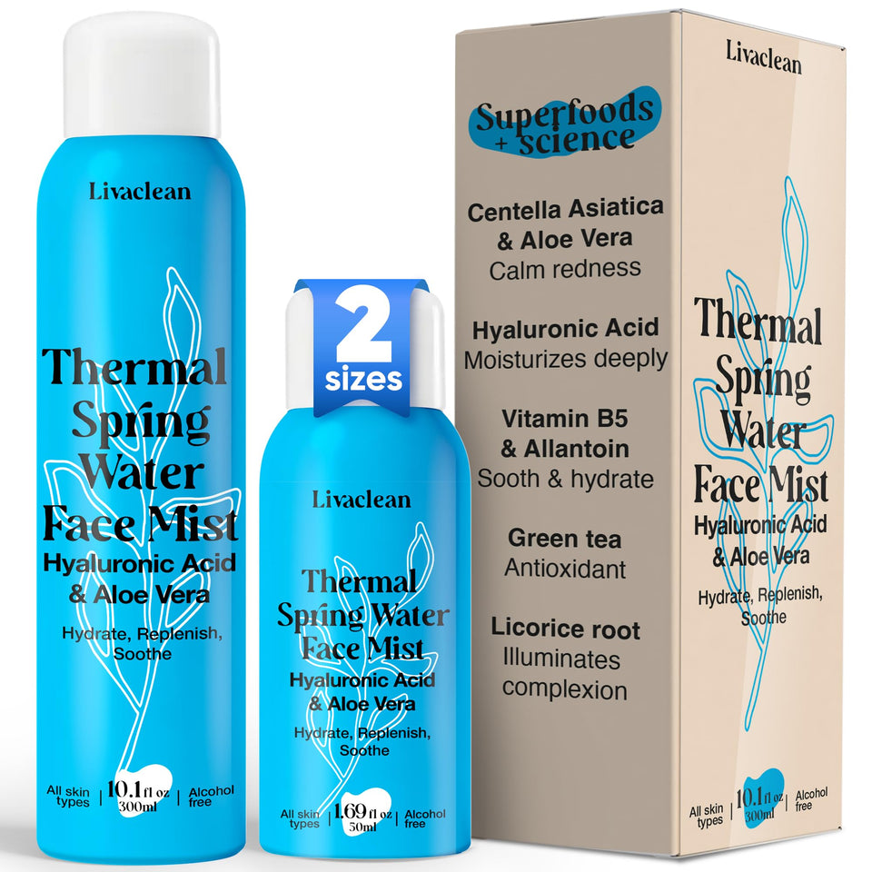 LivaClean 300ml and 50ml bottle set for easy daily hydration and travel-ready skin refresh.