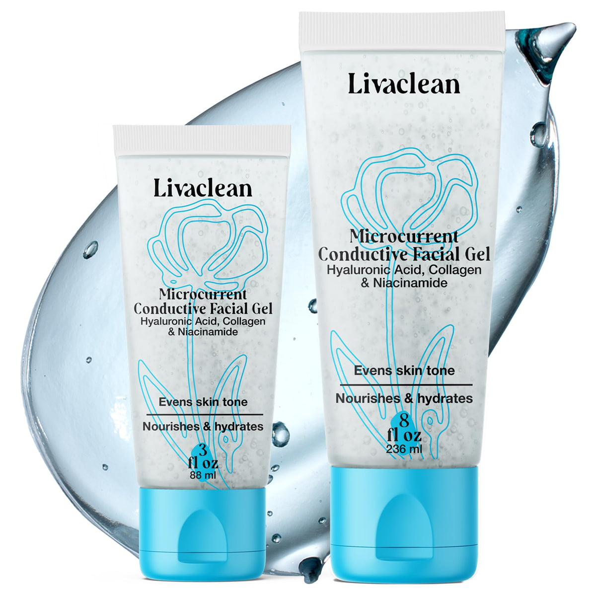LivaClean conductive gel 8oz bottle provides smooth microcurrent conductivity and hydration.