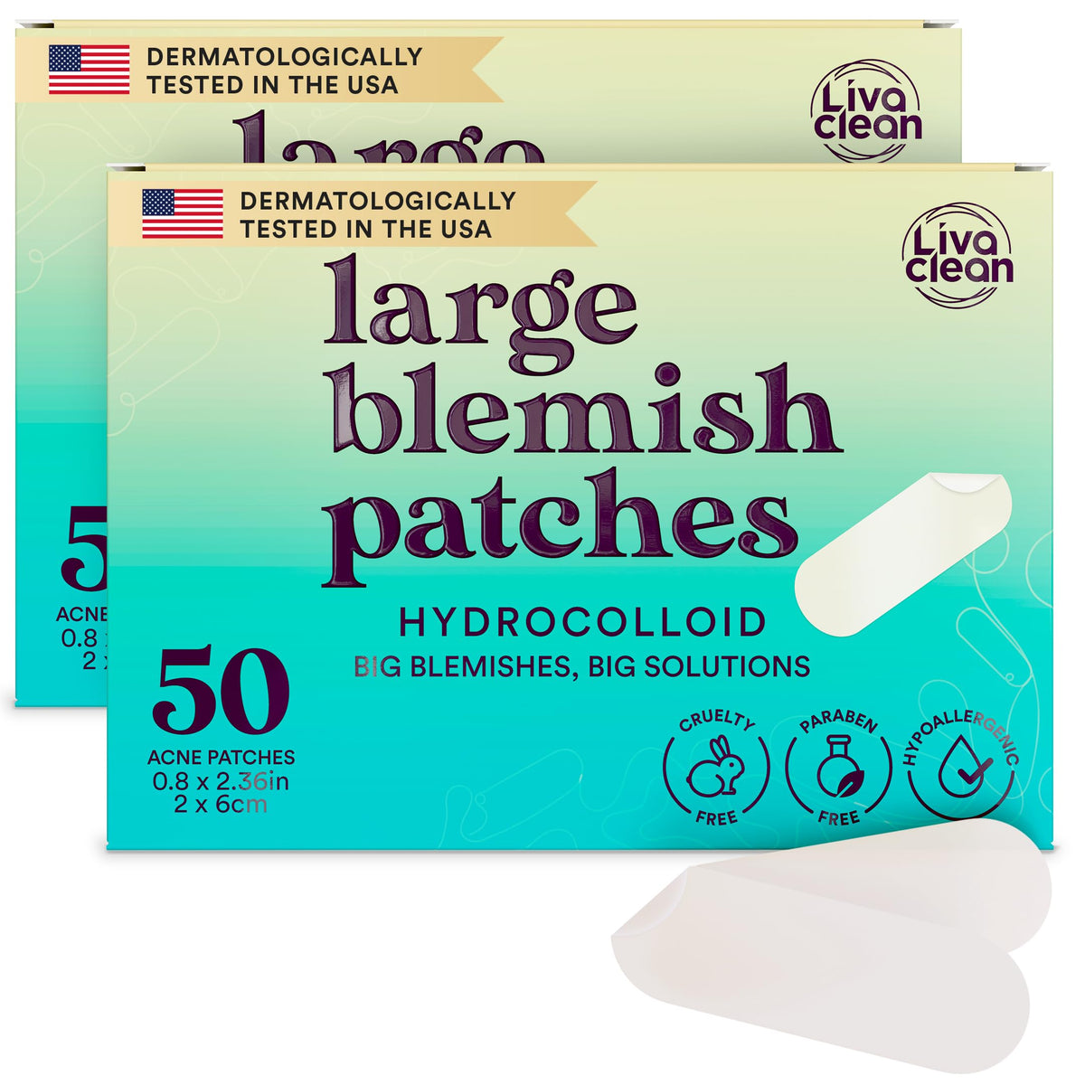 LivaClean LC 100 CT two-pack large hydrocolloid patches for bigger zits overnight