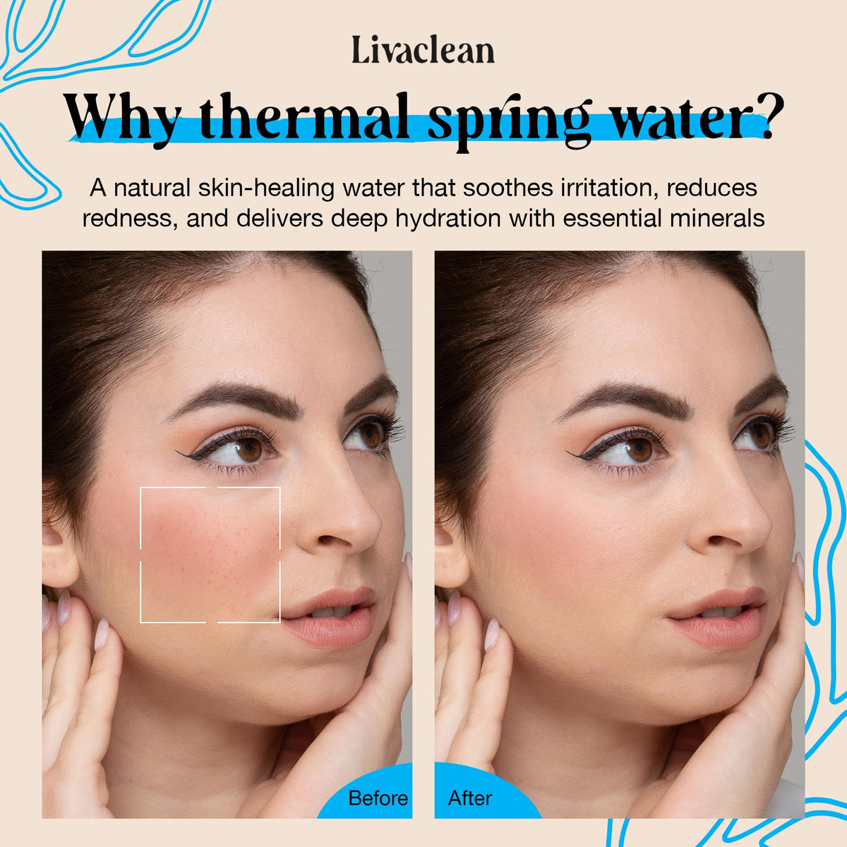 Mineral-rich spring water graphic highlighting skin nourishment from LivaClean.