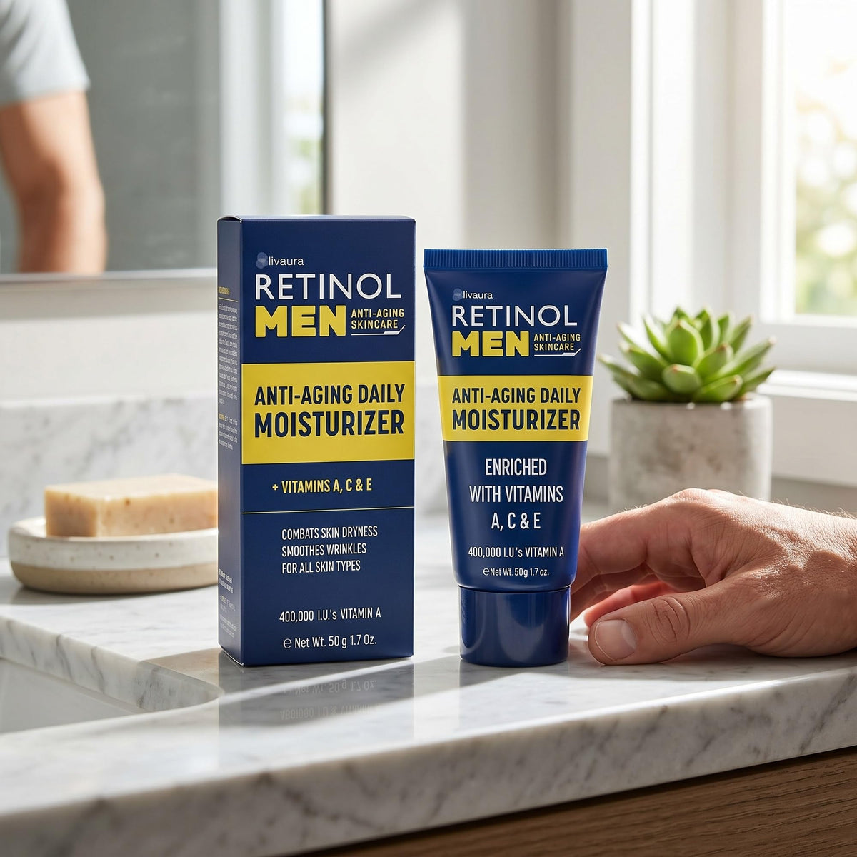 Person applying LIVAURA Retinol moisturizer as part of morning routine.