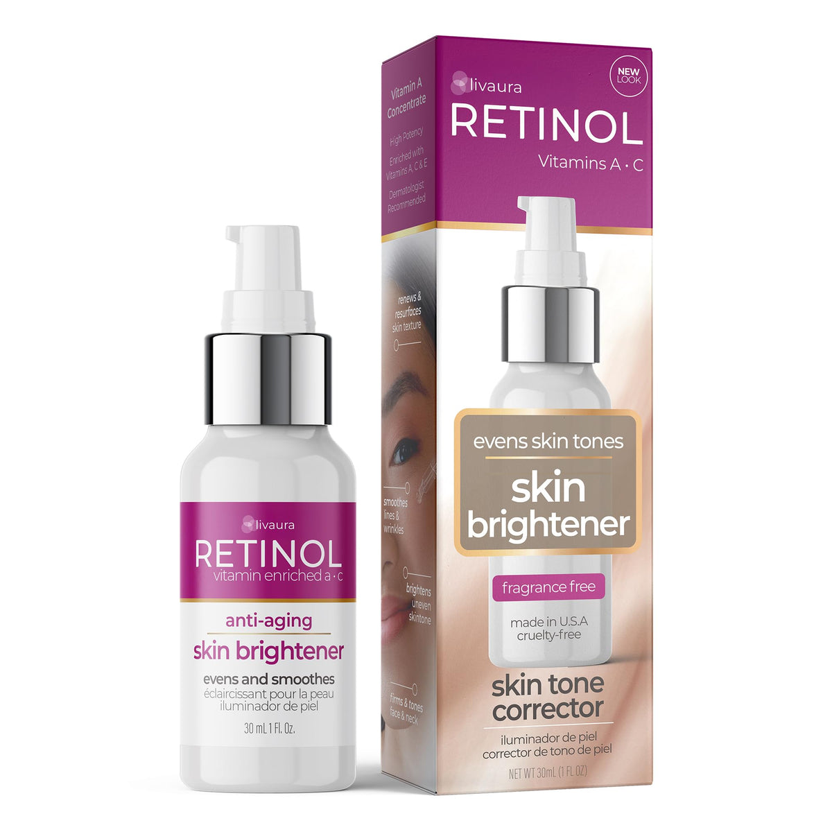 LIVAURA Retinol Skin Brightener bottle with pump for even tone