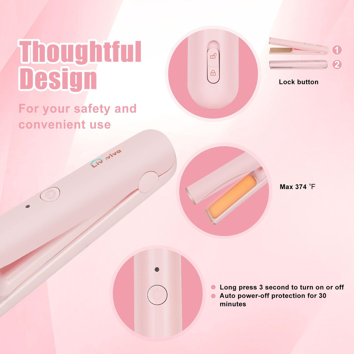LIVAVIVA pink cordless straightener uses ceramic plates to protect hair while styling.
