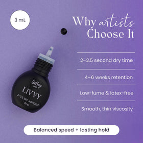Slow-drying LivBay adhesive supports careful positioning during lash application