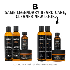 Live Bearded 1880 beard conditioner bottle provides softness and manageability after washing.