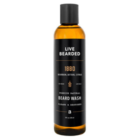 Live Bearded 1880 Beard Wash bottle close-up showing cleansing formula for daily beard care