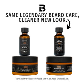 Live Bearded 1880 beard butter tub showcasing rich, hydrating texture for smooth skin beneath.