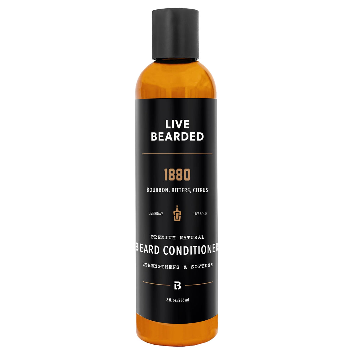 Live Bearded 1880 beard conditioner bottle front highlights bold scent and daily hydration.