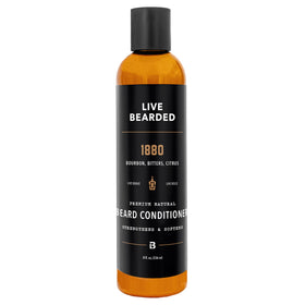 Live Bearded 1880 beard conditioner bottle front highlights bold scent and daily hydration.