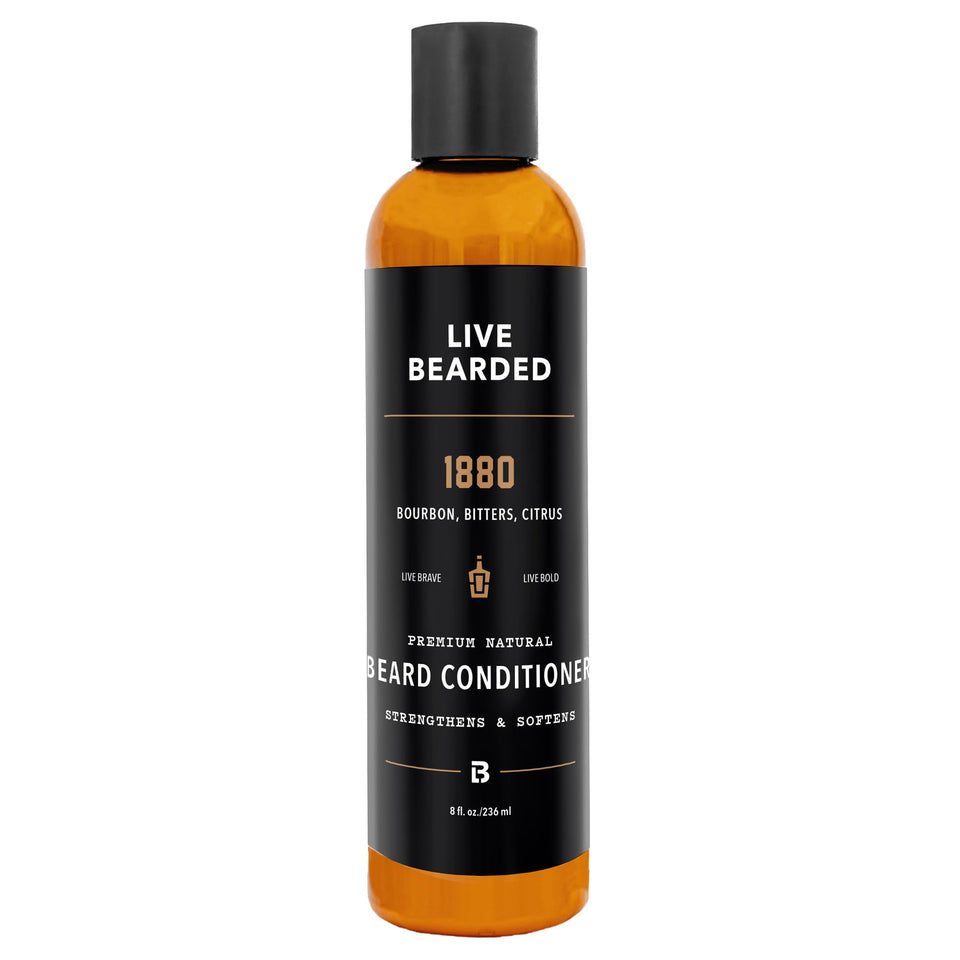 Live Bearded 1880 beard conditioner bottle front highlights bold scent and daily hydration.