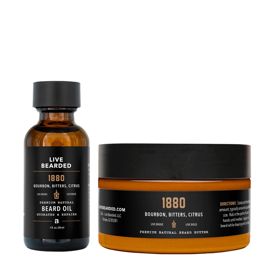 Live Bearded 1880 beard oil bottle highlights nourishing formula for soft, manageable facial hair.