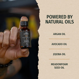Live Bearded 1oz bottle in hand for everyday beard care.
