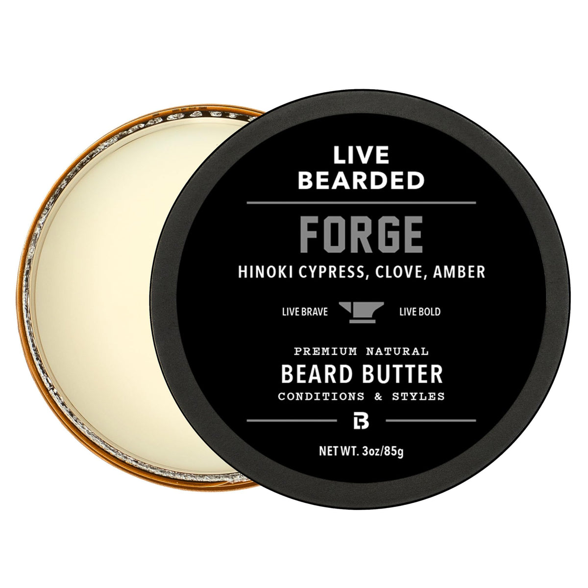 Live Bearded beard butter jar shows creamy texture for soft, manageable beard.