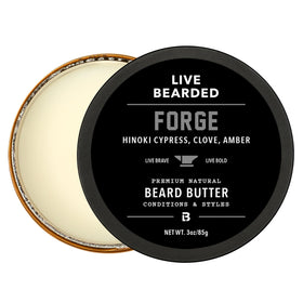 Live Bearded beard butter jar shows creamy texture for soft, manageable beard.