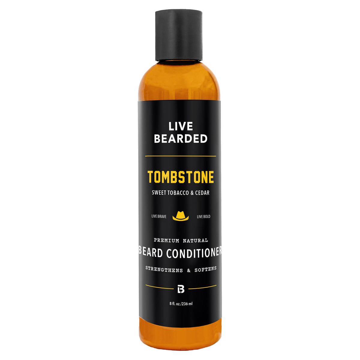 Live Bearded 8oz beard conditioner bottle softens facial hair for easier grooming.