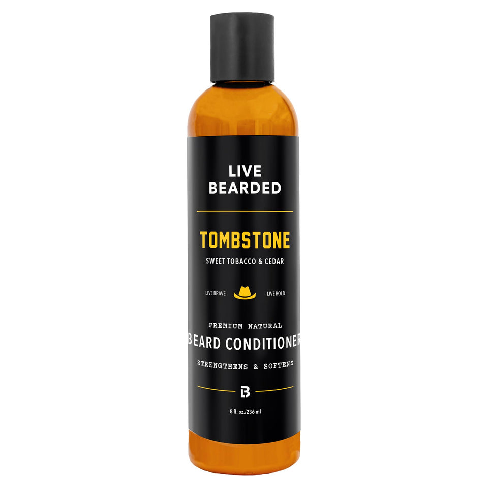 Live Bearded 8oz beard conditioner bottle softens facial hair for easier grooming.