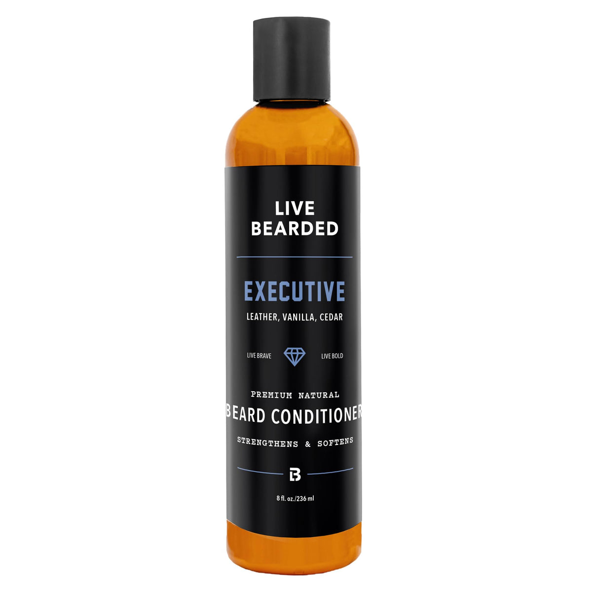 Live Bearded beard conditioner 8oz bottle on display for soft, strong facial hair.