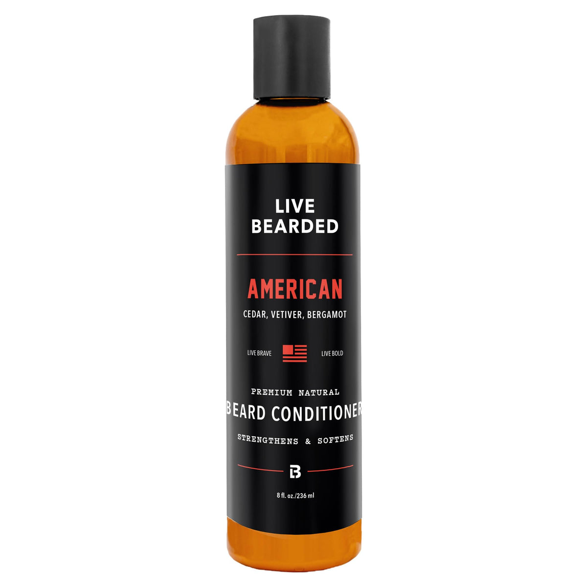 Live Bearded beard conditioner bottle with American scent for soft, manageable beard.