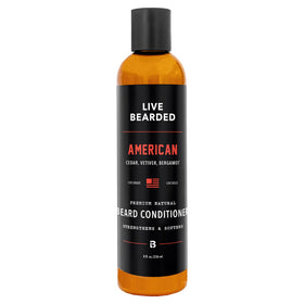 Live Bearded beard conditioner bottle with American scent for soft, manageable beard.