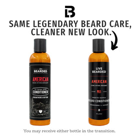 Live Bearded beard conditioner label shows cedar, vetiver, bergamot for a masculine aroma.