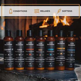 Live Bearded beard conditioner packaging box communicates USA-made quality and grooming value.