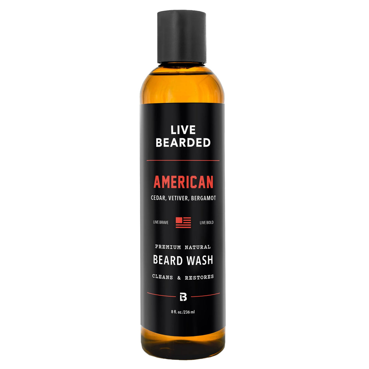 Live Bearded Beard Wash bottle showing cedar-vetiver-bergamot scent for a refreshing cleanse