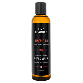 Live Bearded Beard Wash bottle showing cedar-vetiver-bergamot scent for a refreshing cleanse