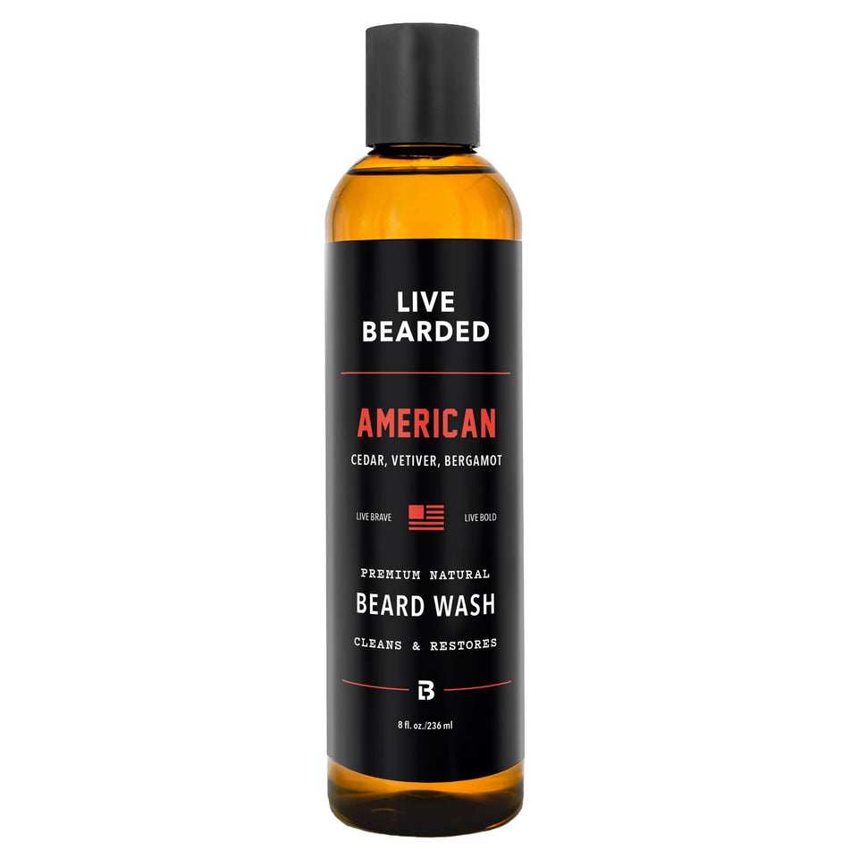 Live Bearded Beard Wash bottle showing cedar-vetiver-bergamot scent for a refreshing cleanse