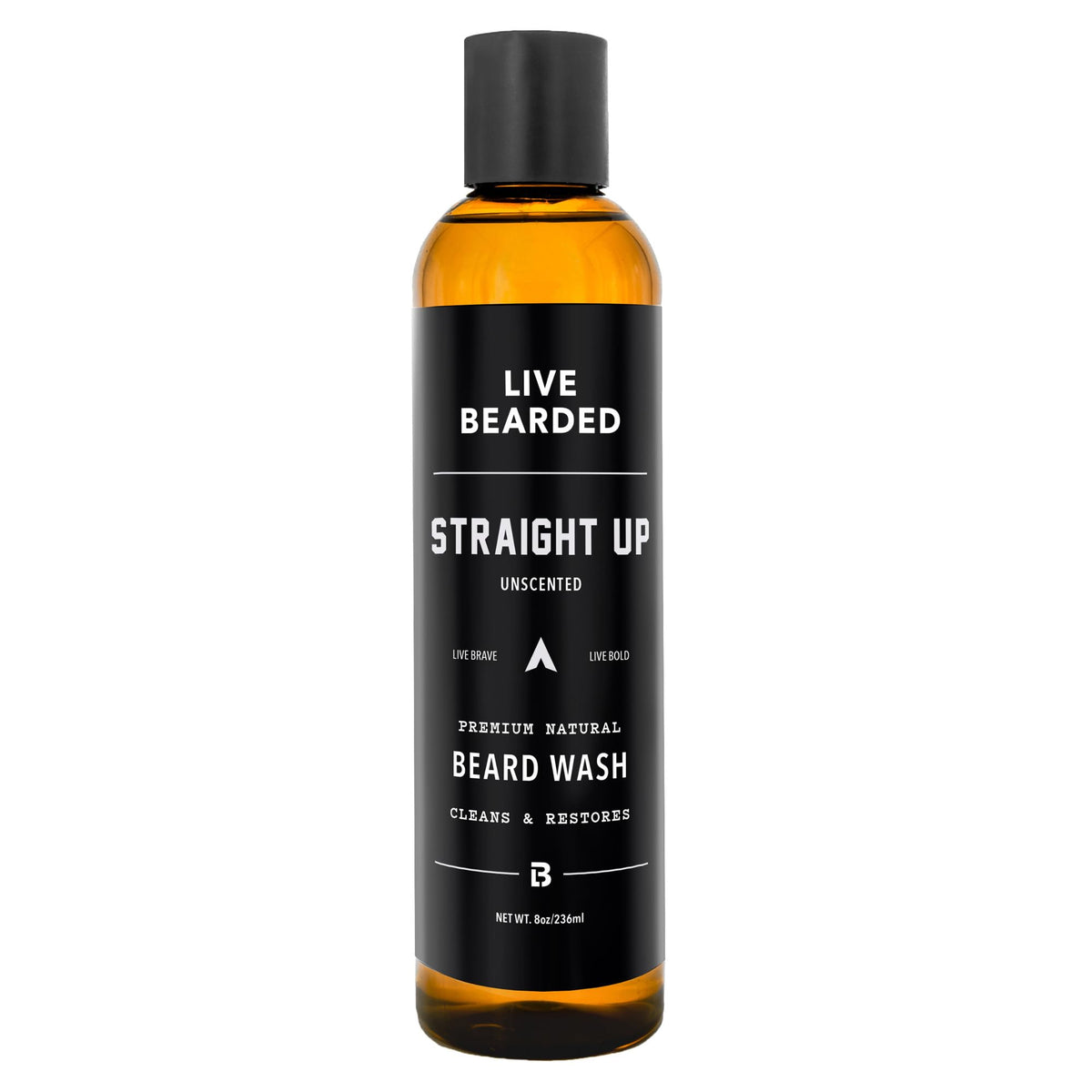 Live Bearded Beard Wash bottle front showing fragrance-free formula for daily cleansing.