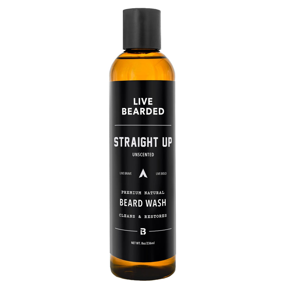 Live Bearded Beard Wash bottle front showing fragrance-free formula for daily cleansing.