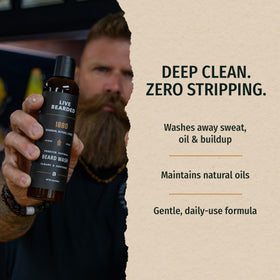 Live Bearded Beard Wash ingredients label close-up highlighting natural components for skin and beard care.