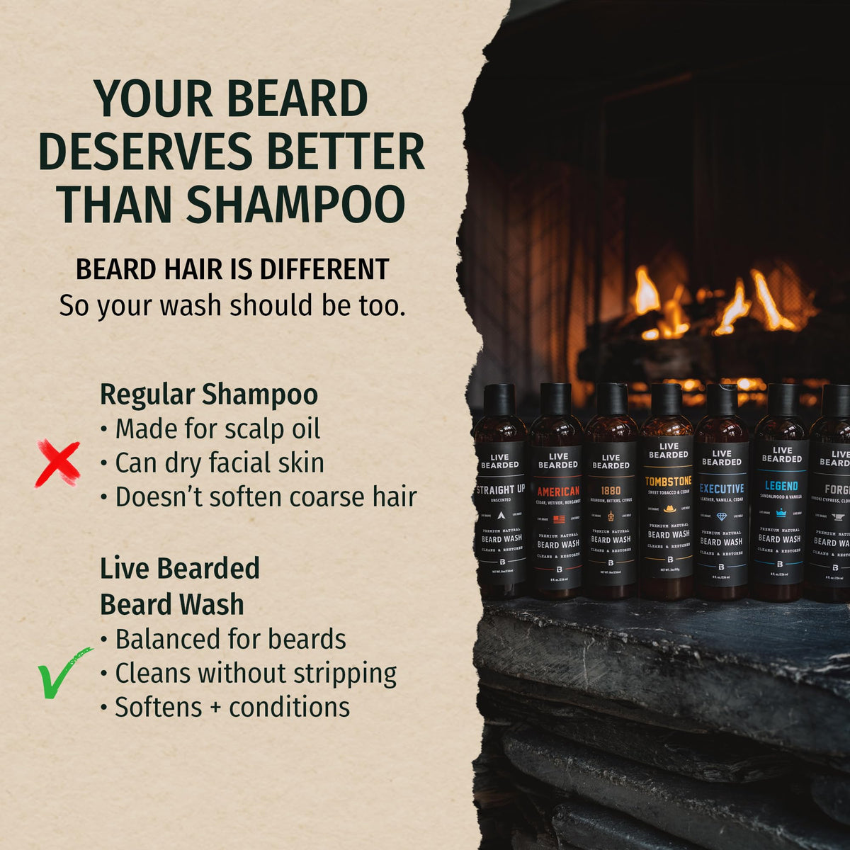 Live Bearded Beard Wash label highlights cedar and vanilla scent.