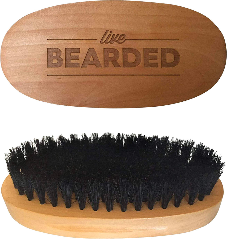 Live Bearded boar bristle beard brush with wooden handle for comfortable grooming and style control.