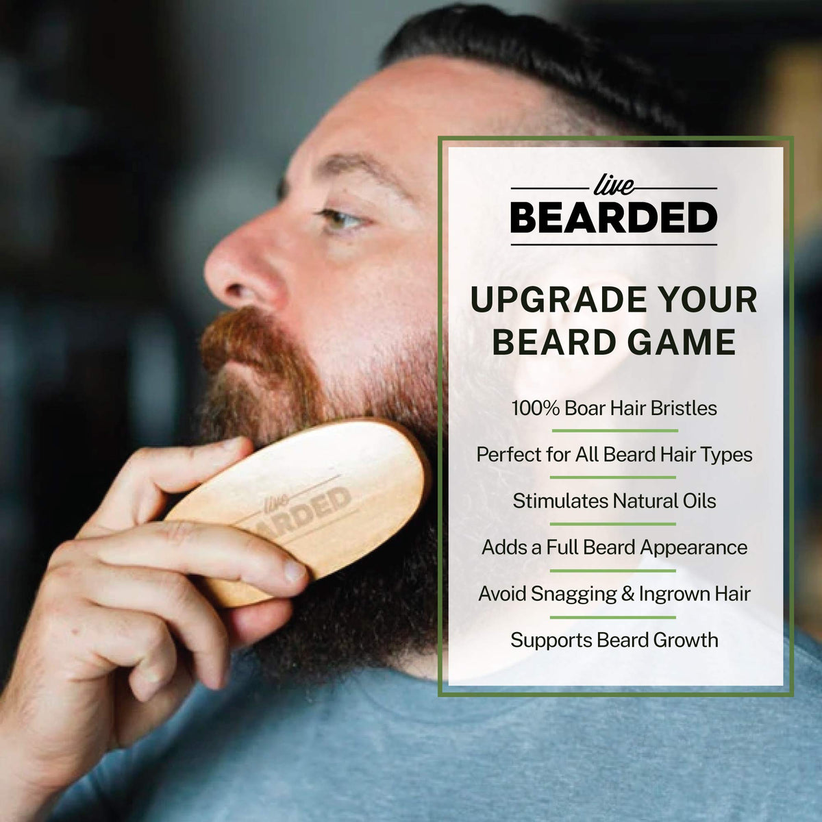 Live Bearded brush-styling beard-control closeup with a steady wooden handle.