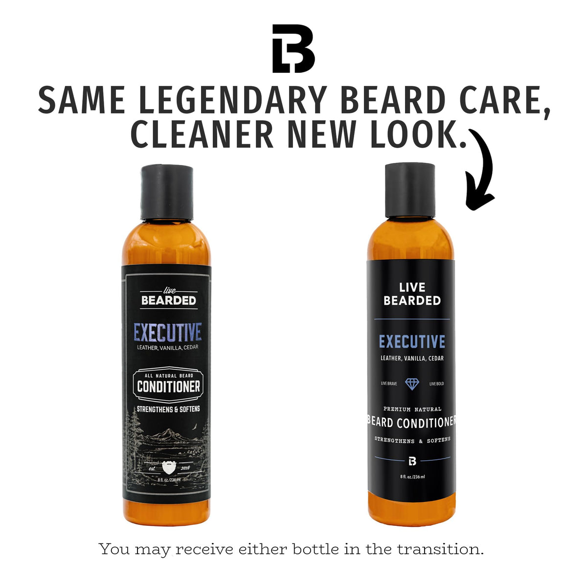 Close-up of Live Bearded conditioner label showing natural ingredients and Executive Scent.