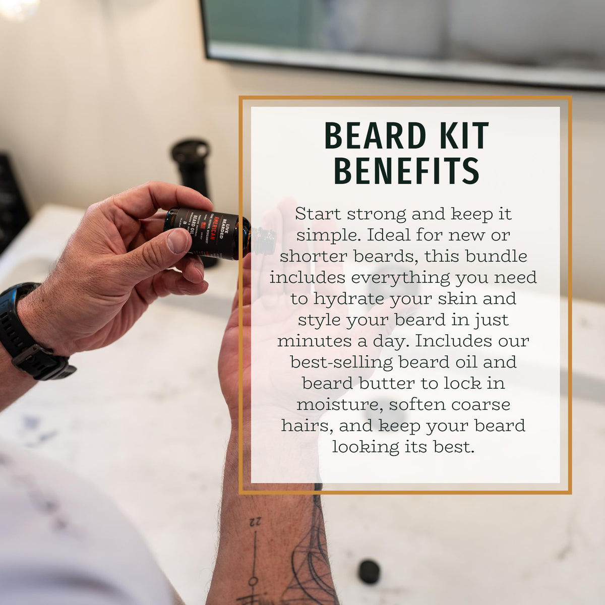 Live Bearded Essentials grooming kit flatlay illustrating complete beard care routine.