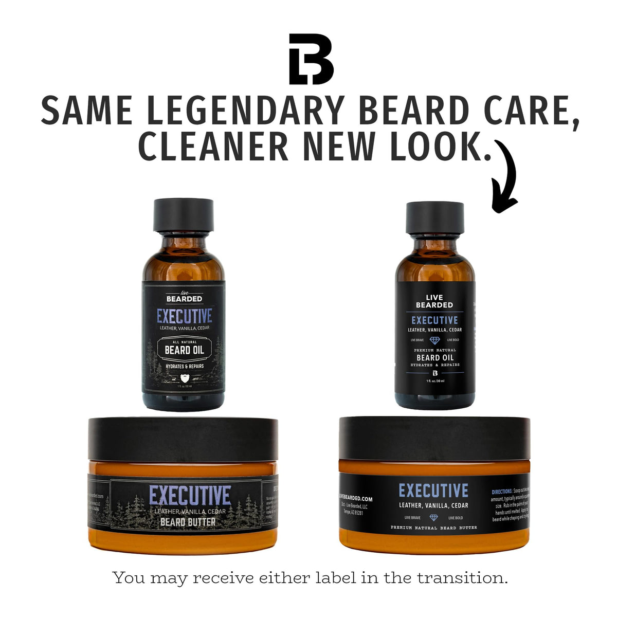 Live Bearded Executive beard butter tin for deep moisture and manageability.
